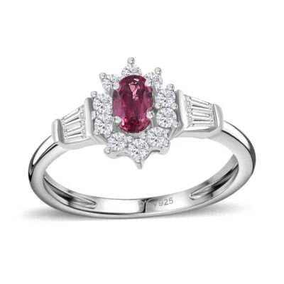 0.85ctw Rubellite & Zircon Sunburst Ring Rhodium Plated Sterling Size 6 - Image 1 of 4
