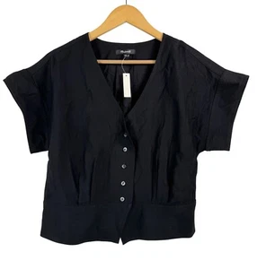 Madewell Womens Pleated Short Sleeve Top black loose fit 90s sz M - Picture 1 of 6