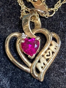 Heart Necklace MOM, with diamond and ruby, 10K - Picture 1 of 5