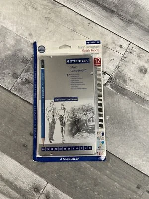 12pc STAEDTLER Mars Lumograph Sketching Drawing Graphite Pencils in Metal Case - Image 1 of 3