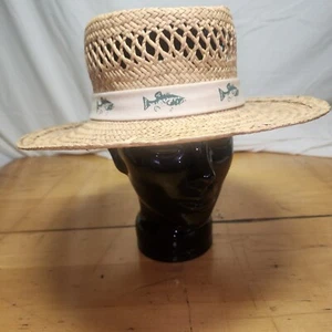 Raffia Rattan Woven Brim Hat With Fish Band Mens sz L - Picture 1 of 6