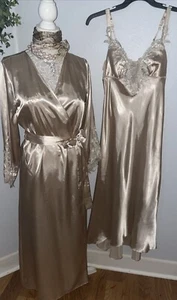 FLORA Damen S GLÄNZEND SATIN Kleid & Morgenmantel Set Nachthemd lang Flüssigsatin Perlen - Bild 1 von 24