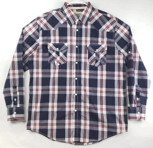 Coastal Men XL Blue White Red Western Pearl Snap Shirt Plaid Long Sleeve Pockets - Picture 1 of 13
