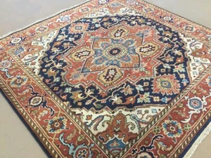 4’ X 4’ Square Navy Blue Rust Traditional Geometric Hand Knotted Oriental Rug - Picture 1 of 12
