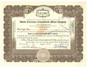 Divide Extension Mining Company. Certificato Stock. Nevada. 1934 - Foto 1 di 2
