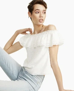 BAR III Ruffled Off-the-Shoulder Metallic Sparkle Floral White Top Size XXS - Picture 1 of 12