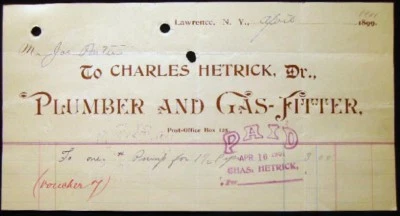 1901 LAWRENCE LONG ISLAND NY CHARLES HETRICK PLUMBER GAS FITTER JOE PORTER - Image 1 of 2