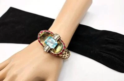 Pulseira de tecido de cesta Mazer Sterling Jewels of Elegance vermelho rubi e água-marinha - Imagem 1 de 4