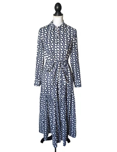Boden Flo Tiered Midi Shirt Dress in Navy Blue White Cube Geometric Sz 4 Cotton - Picture 1 of 10