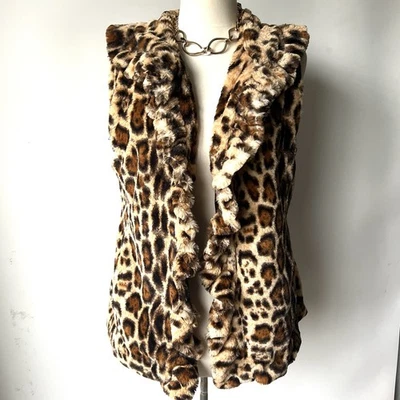 DAMSELLE NY Leopard Cheetah Animal Print Ruffle Faux Fur Vest Size M Minky Soft - Image 1 of 4