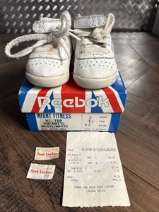 Vintage 1988 Reebok Infant Fitness White Hi-Top Leather Shoes Sneakers Size 2 - Bild 1 von 6