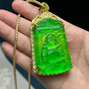 Nature inlay ice green Burmese Jade Jadeite Buddha Pendant&Necklaces lucky charm - Imagen 1 de 10