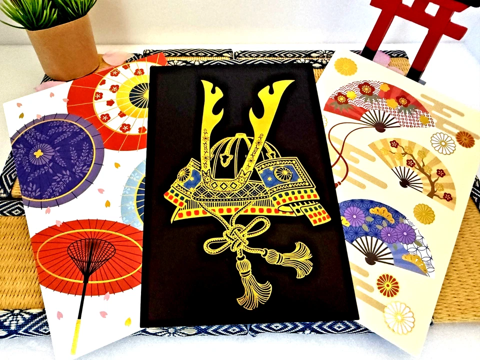 Japanese Postcards Kyoto Kabuto Umbrella Fan Set of 3 Curated in Tokyo Gift Art - Image 1 of 4