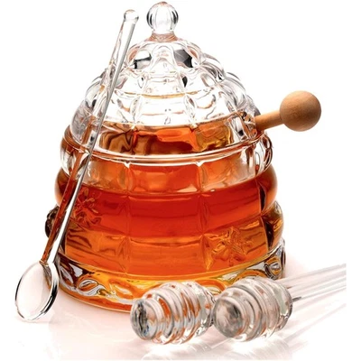 Tarro de miel de cristal soplado a mano con cucharones - Esencial de cocina elegante de 10 oz Foto 1 de 4