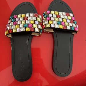 Women’s Size 10.5 Black Slide Sandals with Multicolor Rhinestone Embellishments - Picture 1 of 9