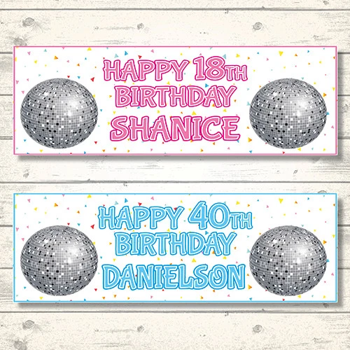 2 PERSONALISED DISCO BALL BIRTHDAY BANNERS - ANY NAME - ANY AGE