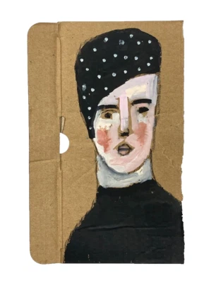 Original Outsider Art Primitive Woman Black Beret Naive Portrait Painting - Image 1 of 4