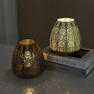 LED Hollow Candle Holders Table Lamp Gold Cordless Night Light Vintage Lantern - Picture 1 of 21