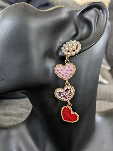 Enamel Heart Drop Earrings Pearl Cluster Stud Heart Be Mine Message Earrings - Picture 1 of 5