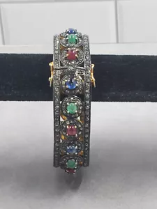 Bracelet Gold over Sterling Silver Ruby Blue Topaz Green Toourmaline Hinged Bang - Picture 1 of 9