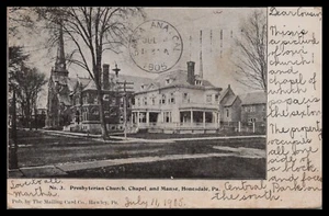 Tarjeta de correo HONESDALE PENNSYLVANIA ""IGLESIA PRESBITERIANA Y MANSE"" Co., UDB 1905 - Imagen 1 de 2