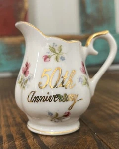 50th Gold Anniversary Norcrest Porcelain Mini Cream Server Pink Roses Gold Trim - Picture 1 of 16