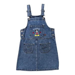 Vintage 90s Disney Mickey Mouse Denim Jumper Dress Girls 14/16 Jean Embroidered - Picture 1 of 10