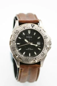 Pulsar Watch Men Stainless Silver Leather Brown Date 100m Gray Battery Quartz - Picture 1 of 6