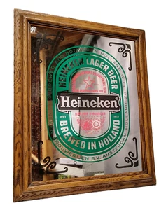 VTG Heineken Beer Framed Bar Mirror Sign Restaurant Wall Decor Man Cave 23x19 - Picture 1 of 9