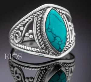 New 925 Sterling Silver Marquise Turquoise Gemstone Women Boho Ring Boxed - Picture 1 of 7