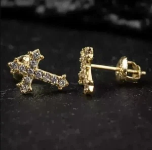 1.50 Ct Round Cut Lab Created Diamond Cross Stud Earrings 14K Yellow Gold Plated - Picture 1 of 4