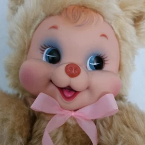 Peluche vintage Rushton gomma faccia orso Happy Teddy rosa marrone fiocco RARO 13" - Foto 1 di 24