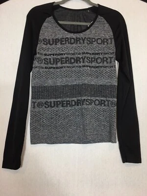 SUPERDRY Sports Negro Gris Manga Larga Elástico Top Logo Pit To Pit 16” Pequeño? Foto 1 de 4
