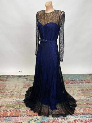 Antique Vintage 1940s Black & Blue Silk Chiffon Lace Bias Cut Full Length Gown - Image 1 of 4