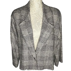 Vintage ANNE KLEIN W sz M 1990's Black White Nubby Plaid Blazer Jacket Oversized - Picture 1 of 18