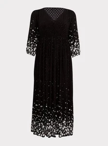 Torrid Maxi Dress Womens 2X Black Star Chiffon Clip Dot 3/4 Sleeve V Neck Whimsy - Picture 1 of 8