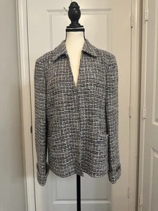 Giacca tweed misto lana seta Lafayette 148 NY taglia 12 blu navy panna bouclé blazer - Foto 1 di 6