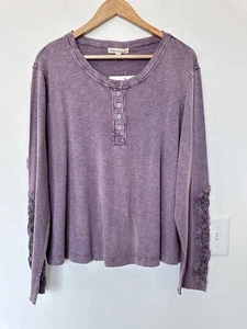 Indigo Thread Co Womens 1X Purple Crochet Long Sleeved Cotton Henley Top - Picture 1 of 6