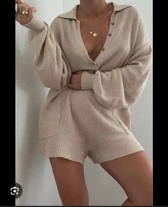 Free People Beach Women's Picnic Linen Sweater Romper Beige Boho Casual Size S - Picture 1 of 9