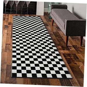 Black and White Hallway Runner Rug Washable Indoor 2x6 Ft Checkered Rug - Picture 1 of 8