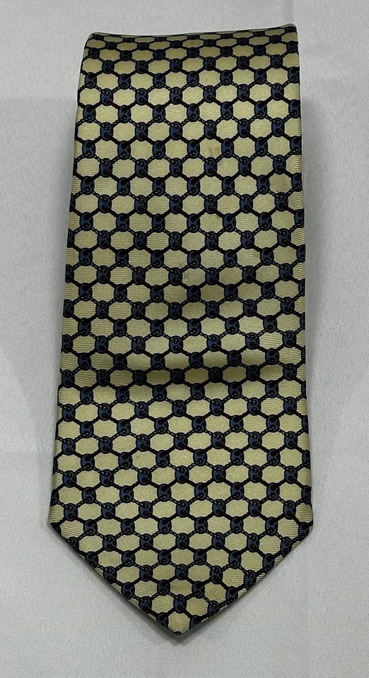 Corbata de seda RIVETZ OF BOSTON eslabones de cadena amarillos estampado mancha a mano Foto 1 de 4