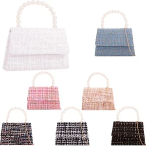 Ladies Pearls Top-Handle Sequin Mini Bag Tweed Wool Evening Wedding Clutch Bag - Picture 1 of 18