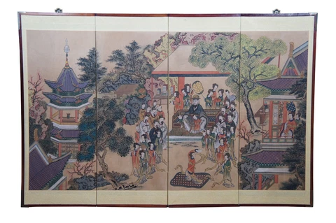 Vintage Korean 4 Panel Landscape Guo Ziyi Banquet Folding Screen Divider 54" Cover