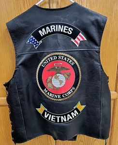 ARD Champs Genuine Leather Vest Mens 4XL Vietnam & Marines Patches 10 Pockets - Picture 1 of 5