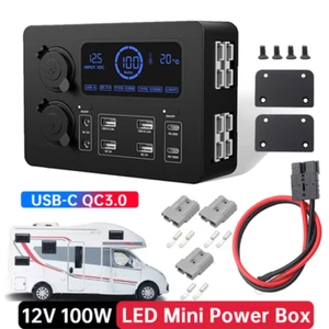 12V 100W Boat RV Car Mini Power Box Control Hub LCD Display USB-C QC3.0 Ports - Picture 1 of 18