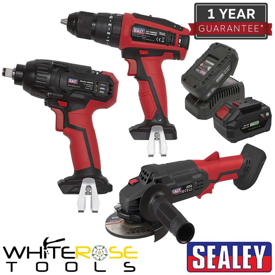 Sealey 3 Tool Cordless Combo Kit SV20 Hammer Drill Wrench Cordless Grinder - Image 1 of 3