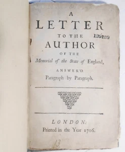 1706 Brief an den Autor des Memorial of the State of England, beantwortet. 1. Aufl. - Bild 1 von 11