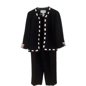 Jessica Howard Women’s 10P Black Poly 2 Piece Pant Suit Pink Ribbon Detail Lined - Picture 1 of 6