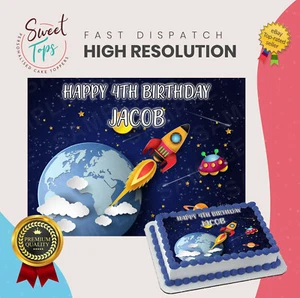 SMALL CHILDS SPACE THEMED RECTANGLE EDIBLE CAKE TOPPER DECORATION PERSONALISED - Picture 1 of 1