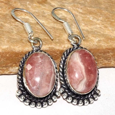 Rhodochrosite 925 镀银手工耳环 1.5 英寸优雅礼品 GW — 第 1/3 张图片